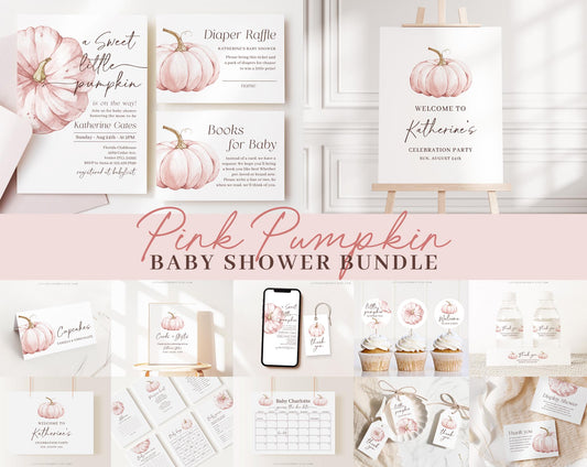 Editable Pink Pumpkin Baby Shower Invitation Bundle, Little Pumpkin is On The Way with Games Bundle and Pink Fall Shower Decoration PPKBS002