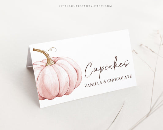 Editable Pink Pumpkin Food Labels, Food Tent cards, Folded Food Cards for A Little Pumpkin Girl Party Decorations Theme PPKBS002