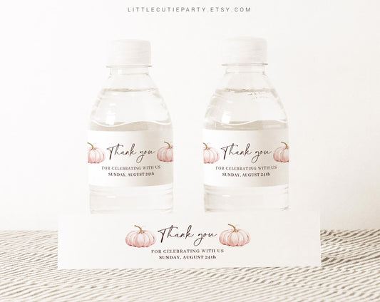 Editable Pink Pumpkin Water Bottle Labels, Bottle Label for Sweet Little Pumpkin Baby Shower Decorations Theme PPKBS002