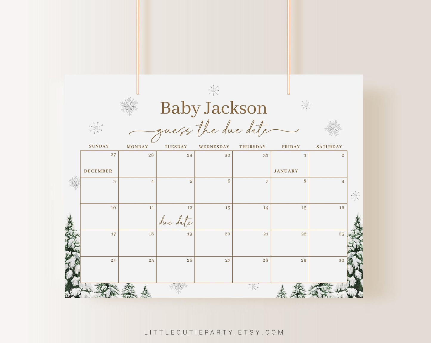 Editable Baby Its Cold Outside Baby Shower Due Date Calendar for Winter Baby Shower Party WINBS002