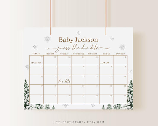 Editable Baby Its Cold Outside Baby Shower Due Date Calendar for Winter Baby Shower Party WINBS002