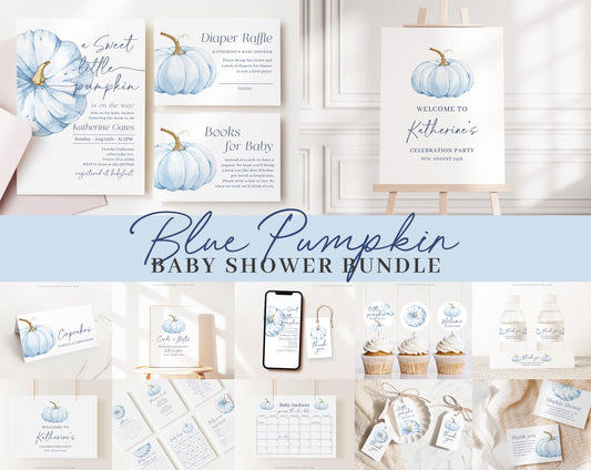 Editable Blue Pumpkin Baby Shower Invitation Bundle, Blue Little Pumpkin is On The Way with Games Bundle and Blue Fall Shower Decor BPKBS001
