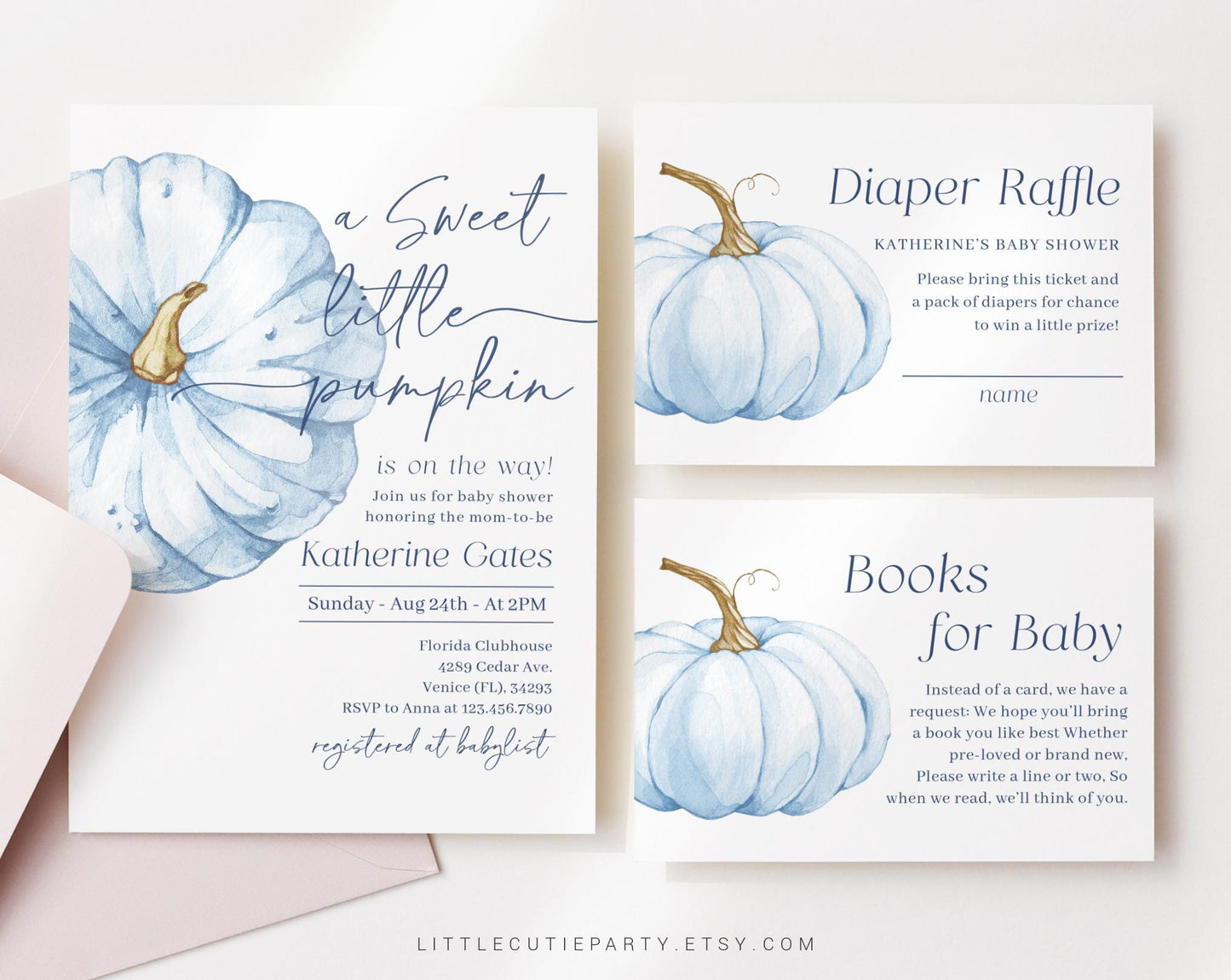 Editable Blue Pumpkin Baby Shower Invitation, Blue Little Pumpkin is On The Way with Diaper Raffle, Books for Baby and Tag BPKBS001