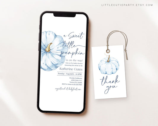 Editable Blue Pumpkin Baby Shower Invites, Blue Little Pumpkin Baby Shower Invite, Digital Invite for Boy Pumpkin Baby Shower Party BPKBS001