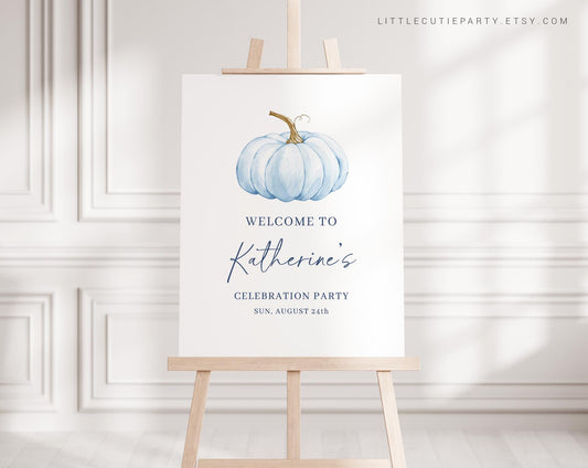 Editable Blue Pumpkin Welcome Sign, Sweet Blue Little Pumpkin Baby Shower Sign, Welcome Board, Welcome Template Shower Decoration BPKBS001