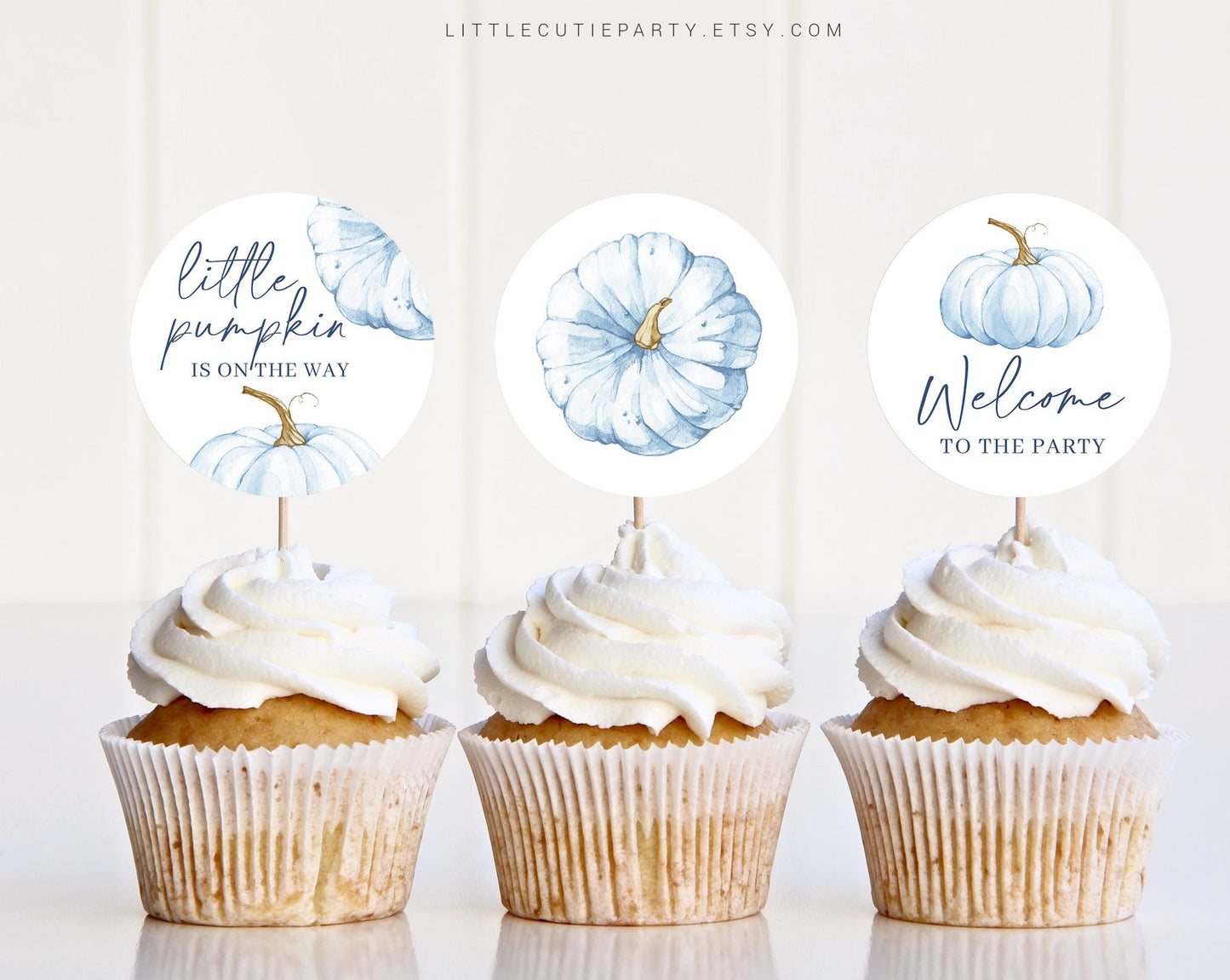 Editable Blue Pumpkin Cake Topper, Cupcake Toppers, Cake Topper Template, Blue Little Pumpkin Baby Shower Decorations BPKBS001