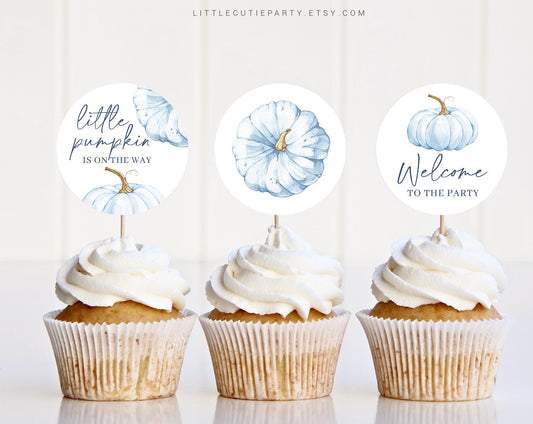 Editable Blue Pumpkin Cake Topper, Cupcake Toppers, Cake Topper Template, Blue Little Pumpkin Baby Shower Decorations BPKBS001