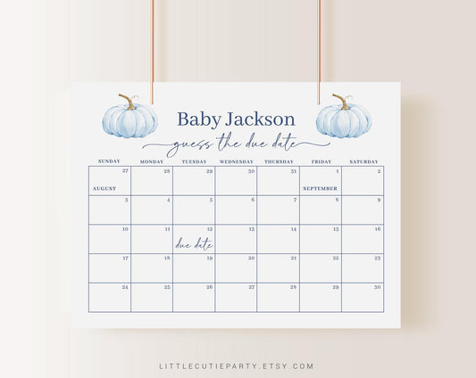 Editable Blue Pumpkin Baby Shower Calendar, Blue Little Pumpkin is on the way Due Date Calendar, Fall Boy Due Date Calendar Games BPKBS001