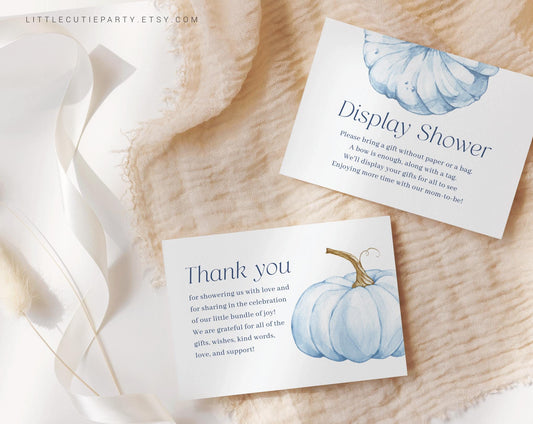 Editable Blue Pumpkin Baby Shower Thank you Card, Baby Shower Display Card for Blue Little Pumpkin Baby Shower Boy Decor BPKBS001