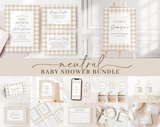 Editable Neutral Baby Shower Invitation Bundle, Beige Gingham Baby Shower Bundle Set with Games Bundle and Gender Neutral Shower NGHBS001