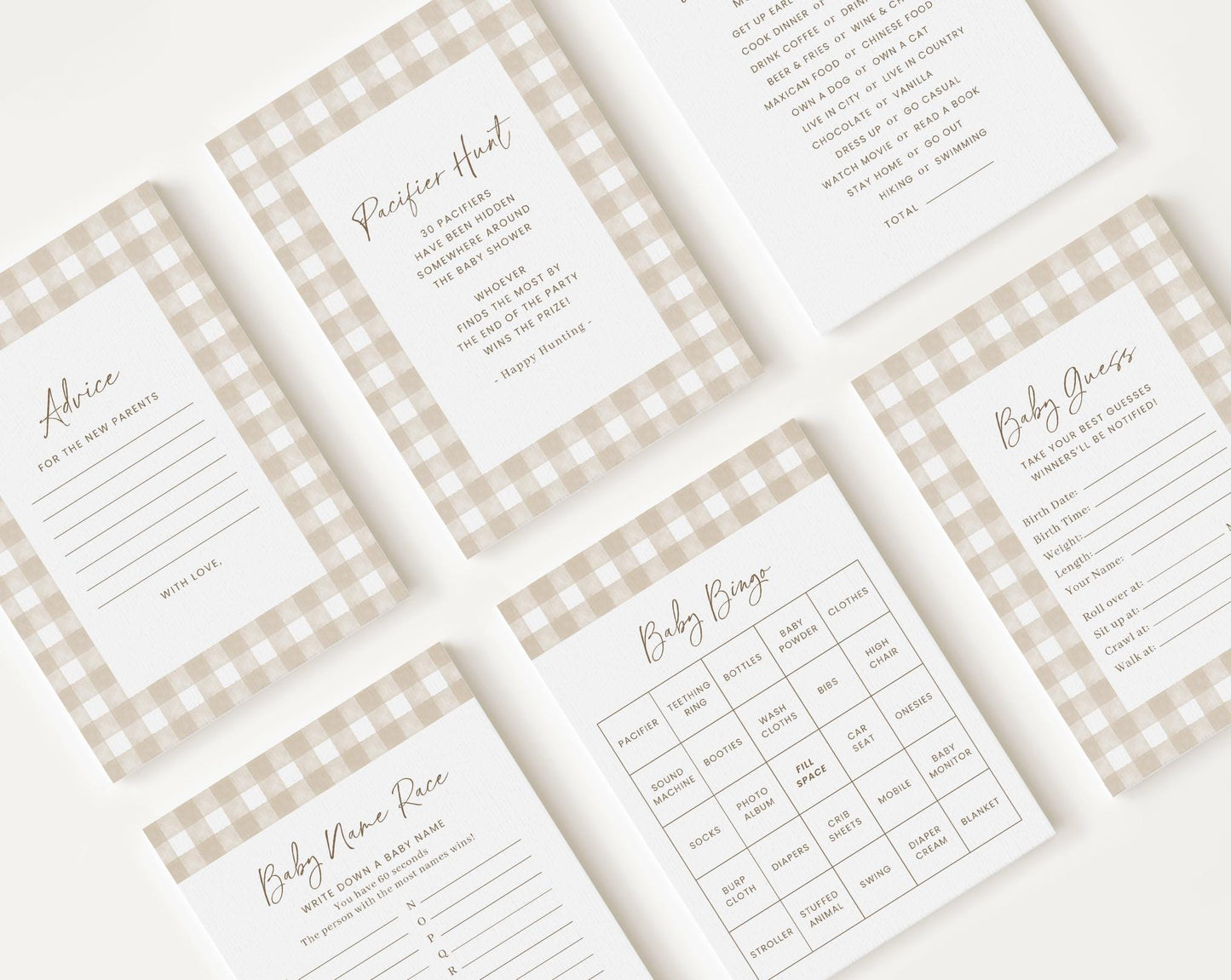 10 Editable Neutral Baby Shower Games, Beige Gingham Baby Shower Games Bundle, Gender Neutral Baby Shower Party Games NGHBS001
