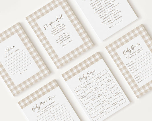 10 Editable Neutral Baby Shower Games, Beige Gingham Baby Shower Games Bundle, Gender Neutral Baby Shower Party Games NGHBS001