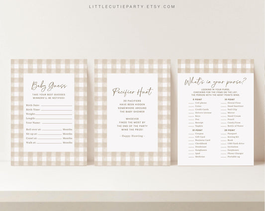 10 Editable Neutral Baby Shower Games, Beige Gingham Baby Shower Games Bundle, Gender Neutral Baby Shower Party Games NGHBS001