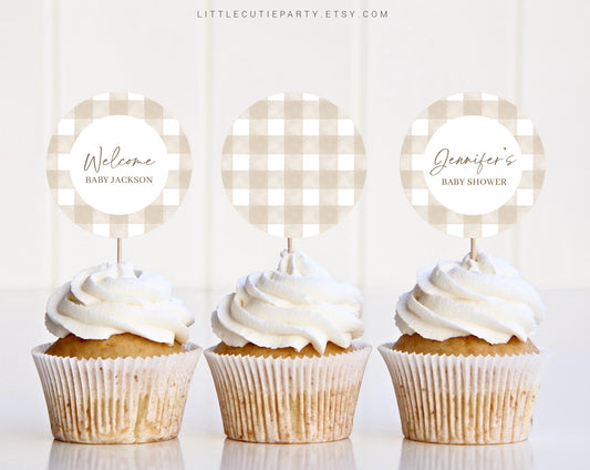 Editable Beige Gingham Cake Toppers, Beige Baby Shower Cupcake Toppers, Baby Shower Cake Topper, Cake Topper Decorations NGHBS001