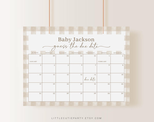 Editable Neutral Baby Shower Due Date Calendar, Beige Gingham Baby Shower Calendar Games for Gender Neutral Baby Shower NGHBS001