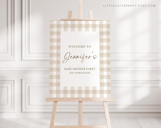 Editable Beige Baby Shower Welcome Sign, Brown Gingham Baby Shower Sign, Welcome Board, Gender Neutral Welcome Template NGHBS001