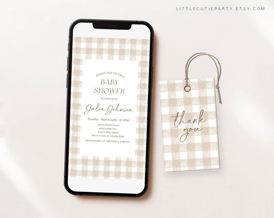 Editable Neutral Baby Shower Invite, Beige Gingham Baby Shower Invite, Baby Shower Digital Invitation Evite Gender Neutral Party NGHBS001