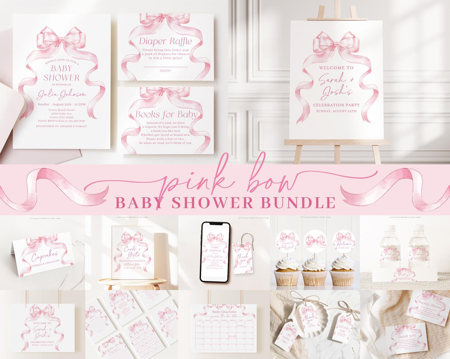 Editable Pink Bow Baby Shower Invitation Bundle, Pink Ribbon Baby Shower Bundle Set with Games Bundle and Girl Baby Shower Decor PBWBS001