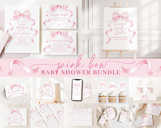 Editable Pink Bow Baby Shower Invitation Bundle, Pink Ribbon Baby Shower Bundle Set with Games Bundle and Girl Baby Shower Decor PBWBS001
