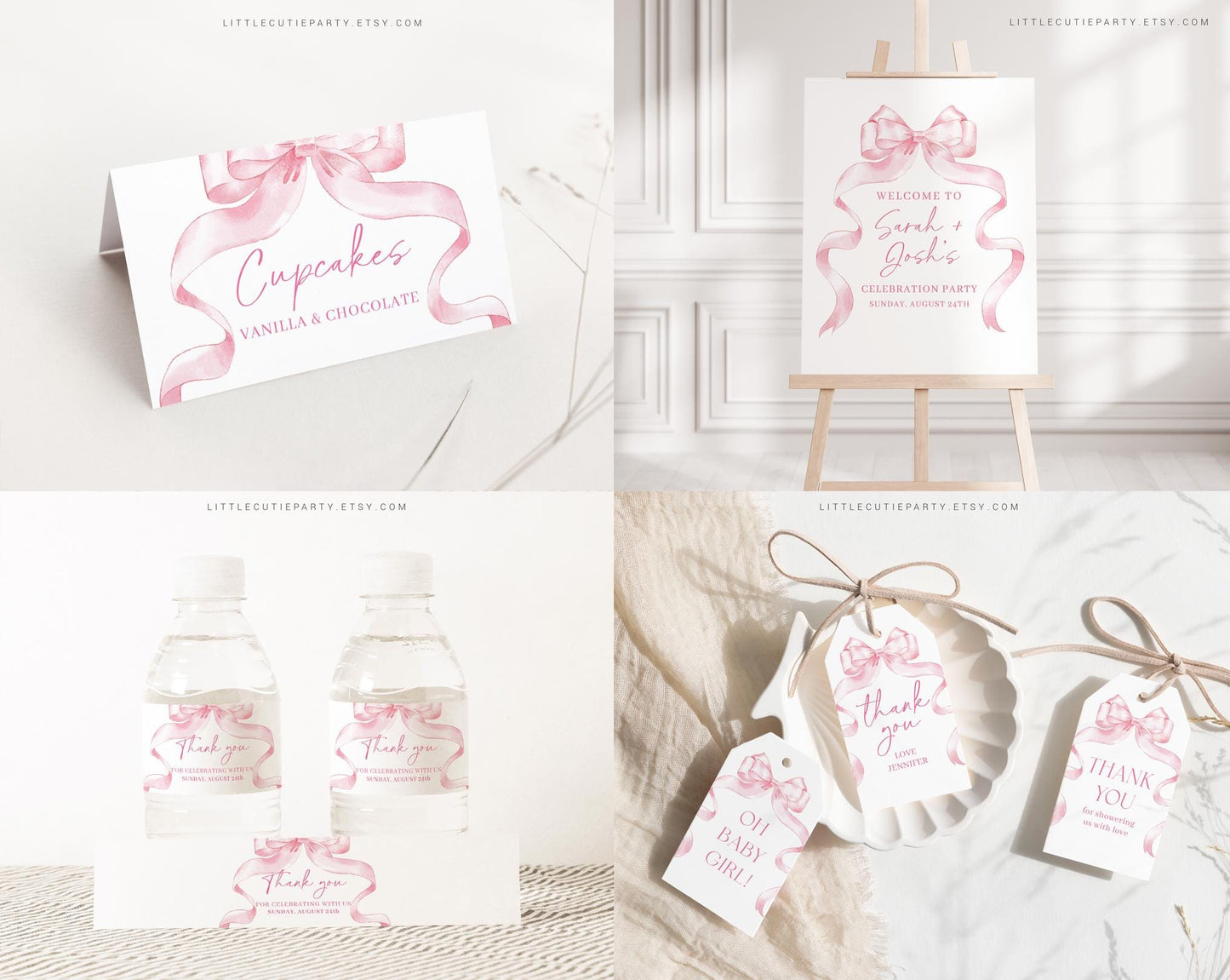 Editable Pink Bow Baby Shower Invitation Bundle, Pink Ribbon Baby Shower Bundle Set with Games Bundle and Girl Baby Shower Decor PBWBS001