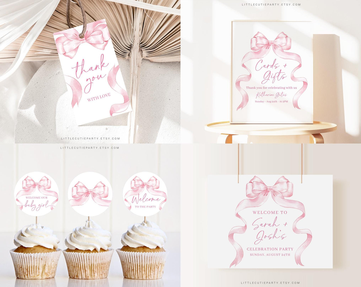Editable Pink Bow Baby Shower Invitation Bundle, Pink Ribbon Baby Shower Bundle Set with Games Bundle and Girl Baby Shower Decor PBWBS001