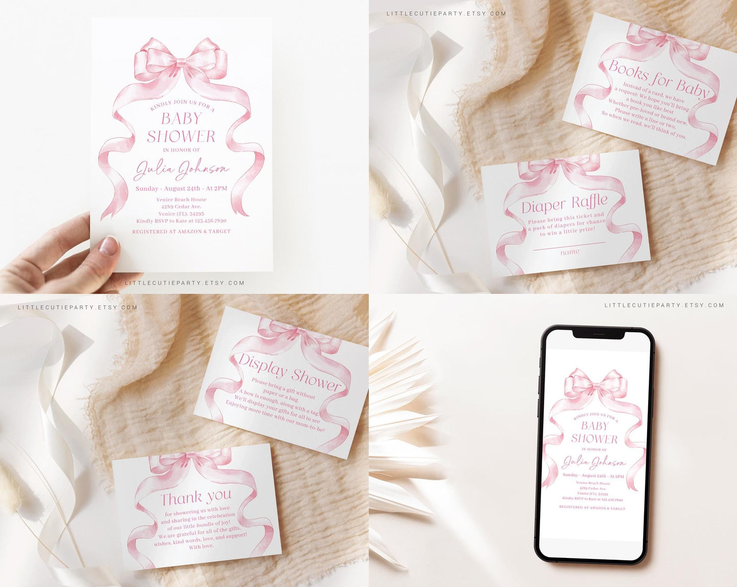 Editable Pink Bow Baby Shower Invitation Bundle, Pink Ribbon Baby Shower Bundle Set with Games Bundle and Girl Baby Shower Decor PBWBS001