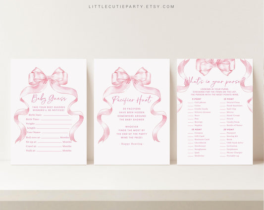 10 Editable Pink Bow Baby Shower Games, Pink Ribbon Baby Shower Games Bundle, Baby Girl Baby Shower Party Games PBWBS001