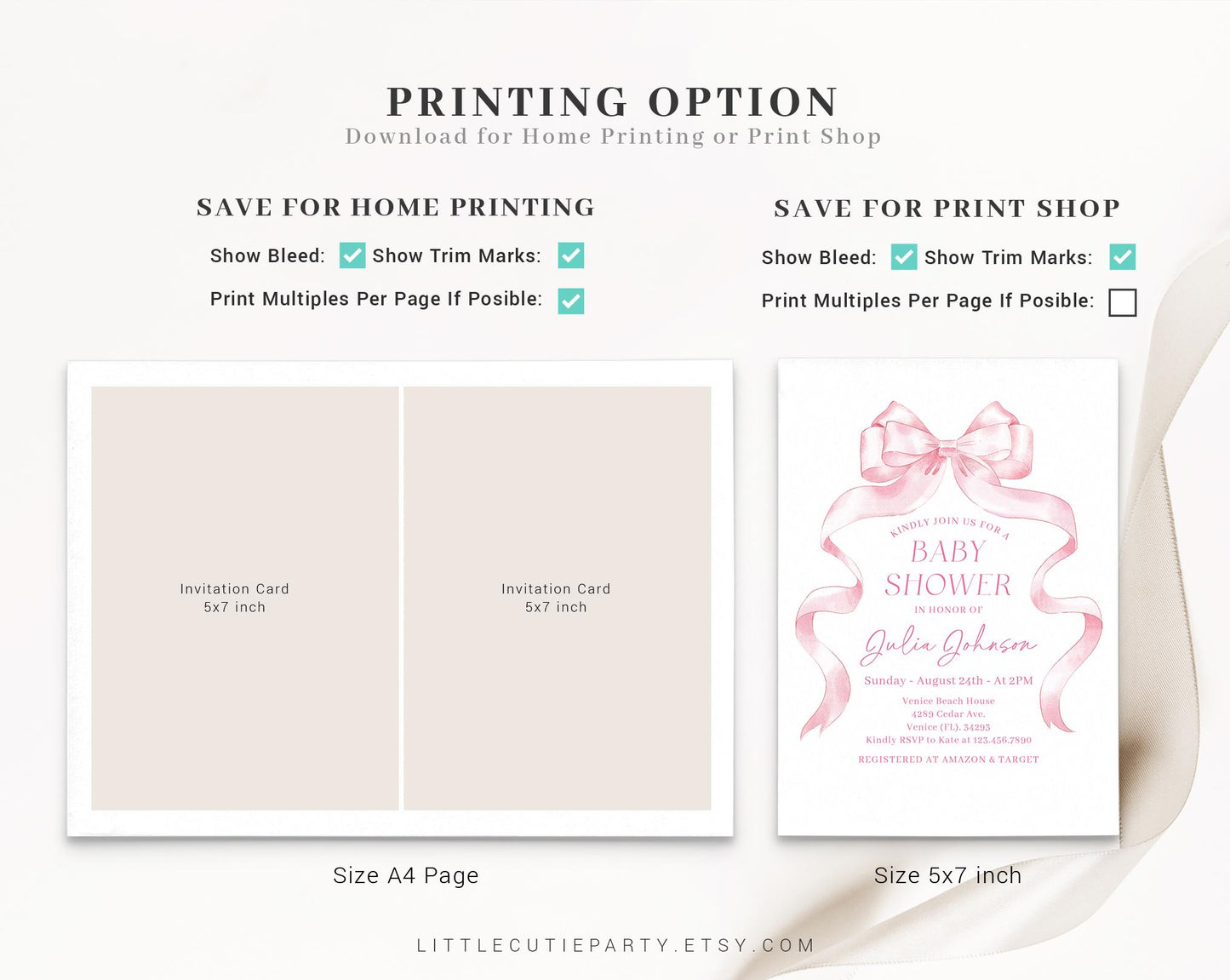 Editable Pink Bow Baby Shower Invitation, Pink Ribbon Baby Shower Invitation, with Diaper Raffle, Books for Baby and Tag PBWBS001