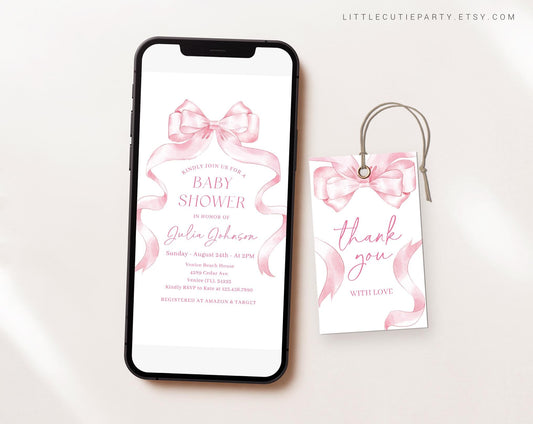 Editable Pink Bow Baby Shower Invite, Pink Ribbon Baby Shower Invite, Baby Shower Digital Invitation Evite for Baby Girl Party PBWBS001