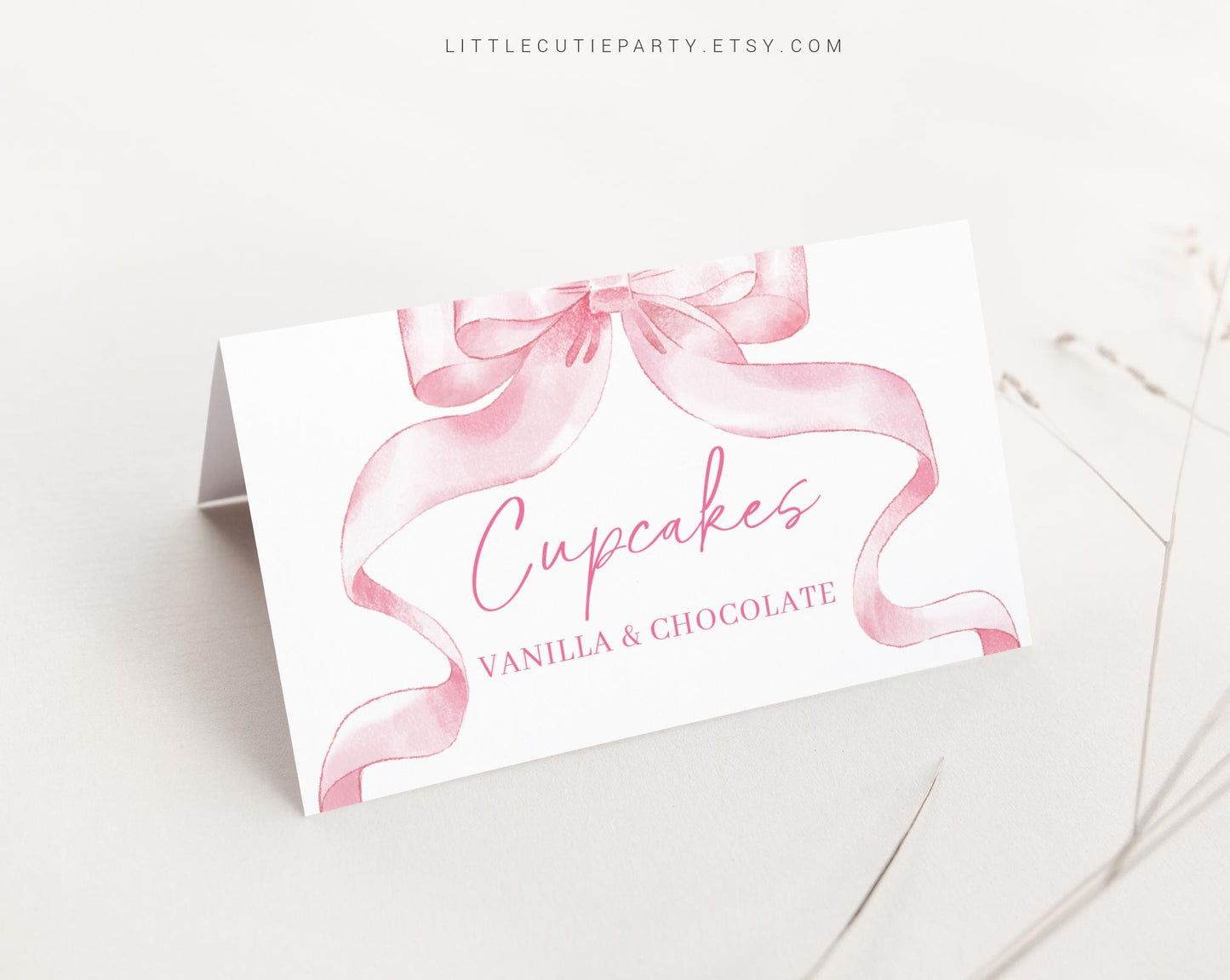Editable Pink Bow Food Labels, Food Tent cards, Folded Food Cards for Pink Ribbon Baby Shower Decorations Theme PBWBS001