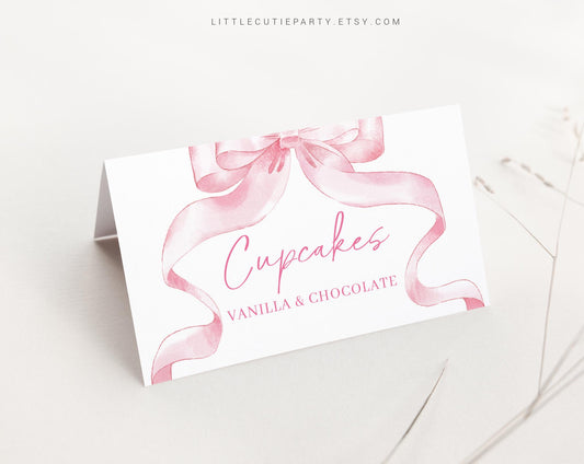 Editable Pink Bow Food Labels, Food Tent cards, Folded Food Cards for Pink Ribbon Baby Shower Decorations Theme PBWBS001