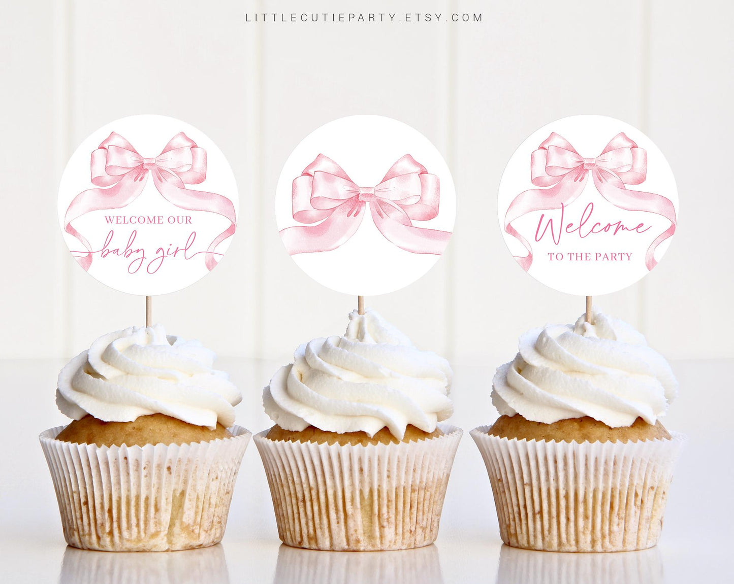 Editable Pink Bow Cake Toppers, Pink Ribbon Baby Shower Cupcake Toppers, Baby Shower Cake Topper, Cake Topper Decorations PBWBS001