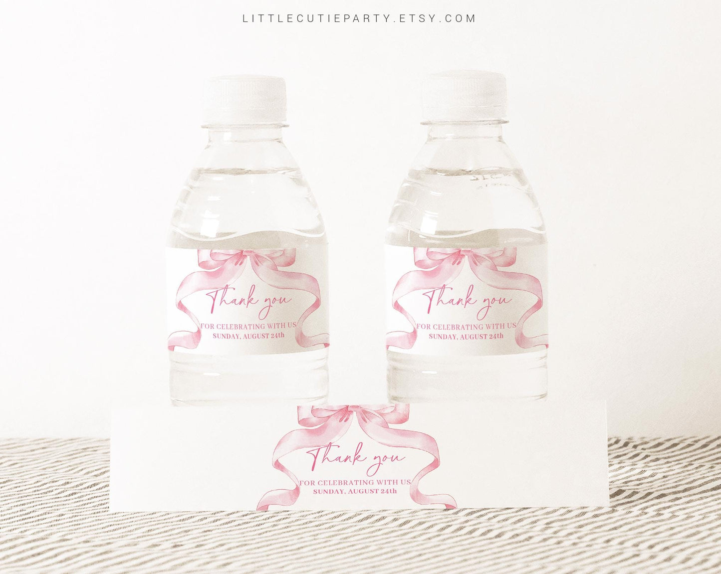 Editable Pink Bow Baby Shower Water Bottle Labels, Bottle Label for Pink Ribbon Baby Shower Theme Decorations PBWBS001