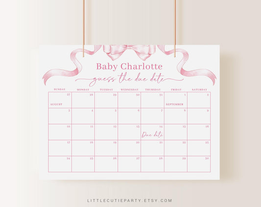 Editable Pink Bow Baby Shower Due Date Calendar, Pink Ribbon Baby Shower Calendar Games for Girl Baby Shower PBWBS001