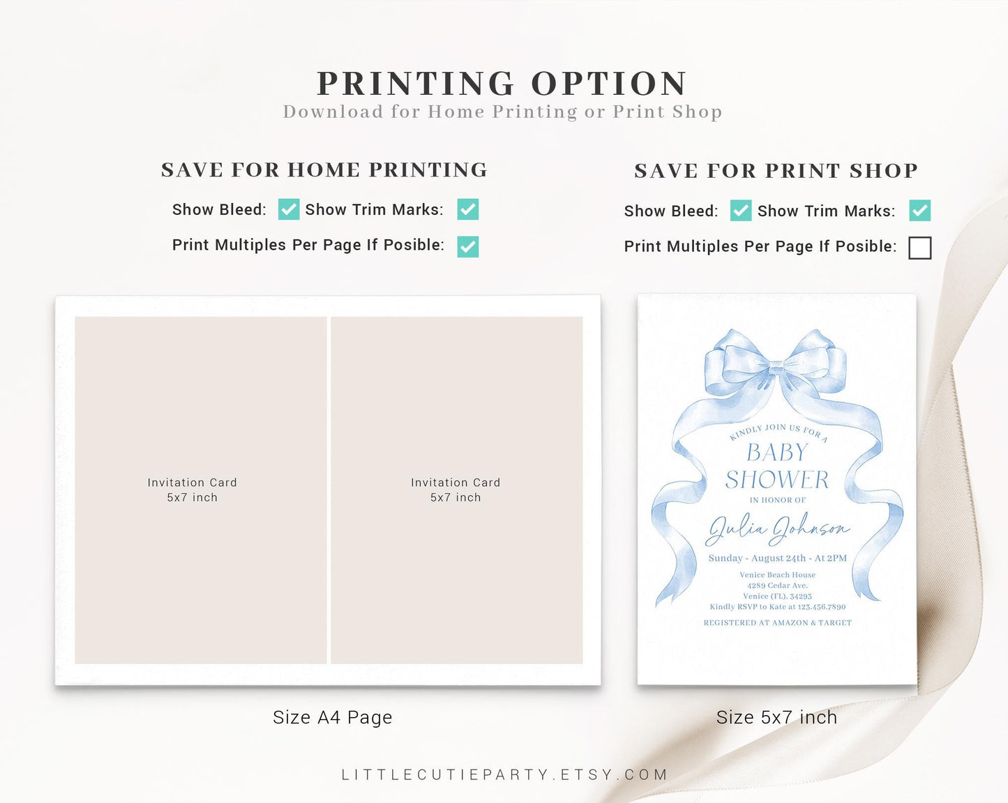 Editable Blue Bow Baby Shower Invitation, Blue Ribbon Baby Shower Invitation, with Diaper Raffle, Books for Baby and Tag Baby Boy BBWBS001