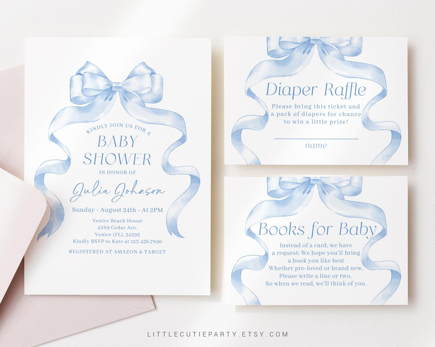 Editable Blue Bow Baby Shower Invitation, Blue Ribbon Baby Shower Invitation, with Diaper Raffle, Books for Baby and Tag Baby Boy BBWBS001