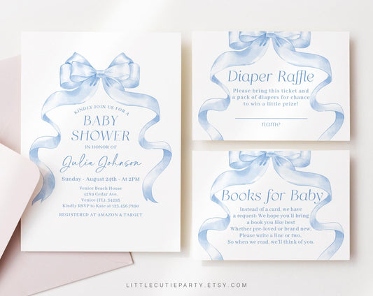 Editable Blue Bow Baby Shower Invitation, Blue Ribbon Baby Shower Invitation, with Diaper Raffle, Books for Baby and Tag Baby Boy BBWBS001