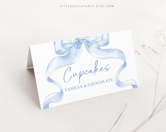 Editable Blue Bow Food Labels, Food Tent cards, Folded Food Cards for Blue Ribbon Baby Shower Decorations Theme BBWBS001