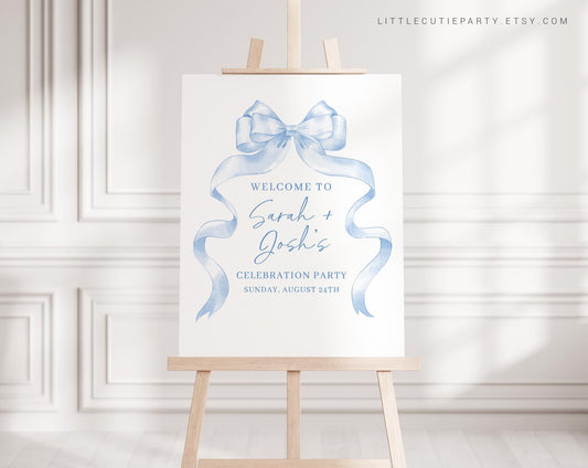Editable Blue Bow Baby Shower Welcome Sign, Blue Ribbon Baby Shower Sign, Welcome Board, Baby Boy Welcome Template BBWBS001