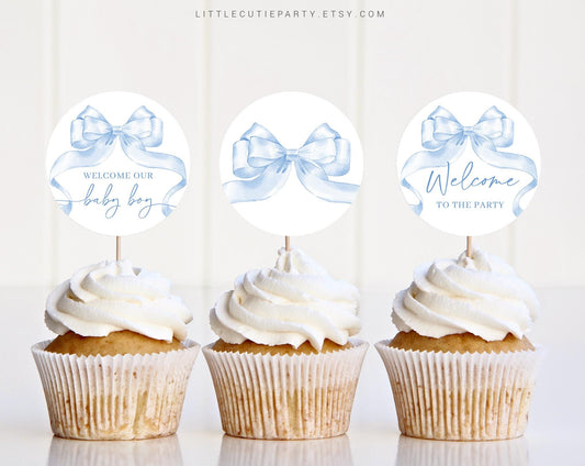 Editable Blue Bow Cake Toppers, Blue Ribbon Baby Shower Cupcake Toppers, Baby Shower Cake Topper, Cake Topper Decorations BBWBS001