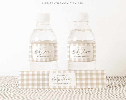Editable Beige Gingham Baby Shower Water Bottle Labels, Bottle Label for Beige Baby Shower Theme Decorations NGHBS001