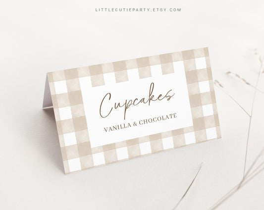 Editable Beige Gingham Food Labels, Food Tent cards, Folded Food Cards for Neutral Beige Baby Shower Decorations Theme NGHBS001