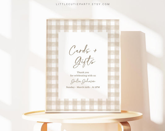 Editable Beige Gingham Baby Shower Sign, Custom Sign Template for Baby Shower Party with Gender Neutral  Baby Shower Theme NGHBS001