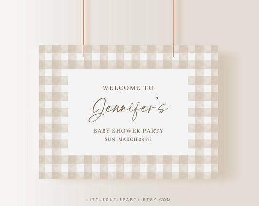 Editable Beige Gingham Baby Shower Backdrop, Beige Baby Shower Banner, Shower Sign for Gender Neutral  Banner Welcome Sign NGHBS001