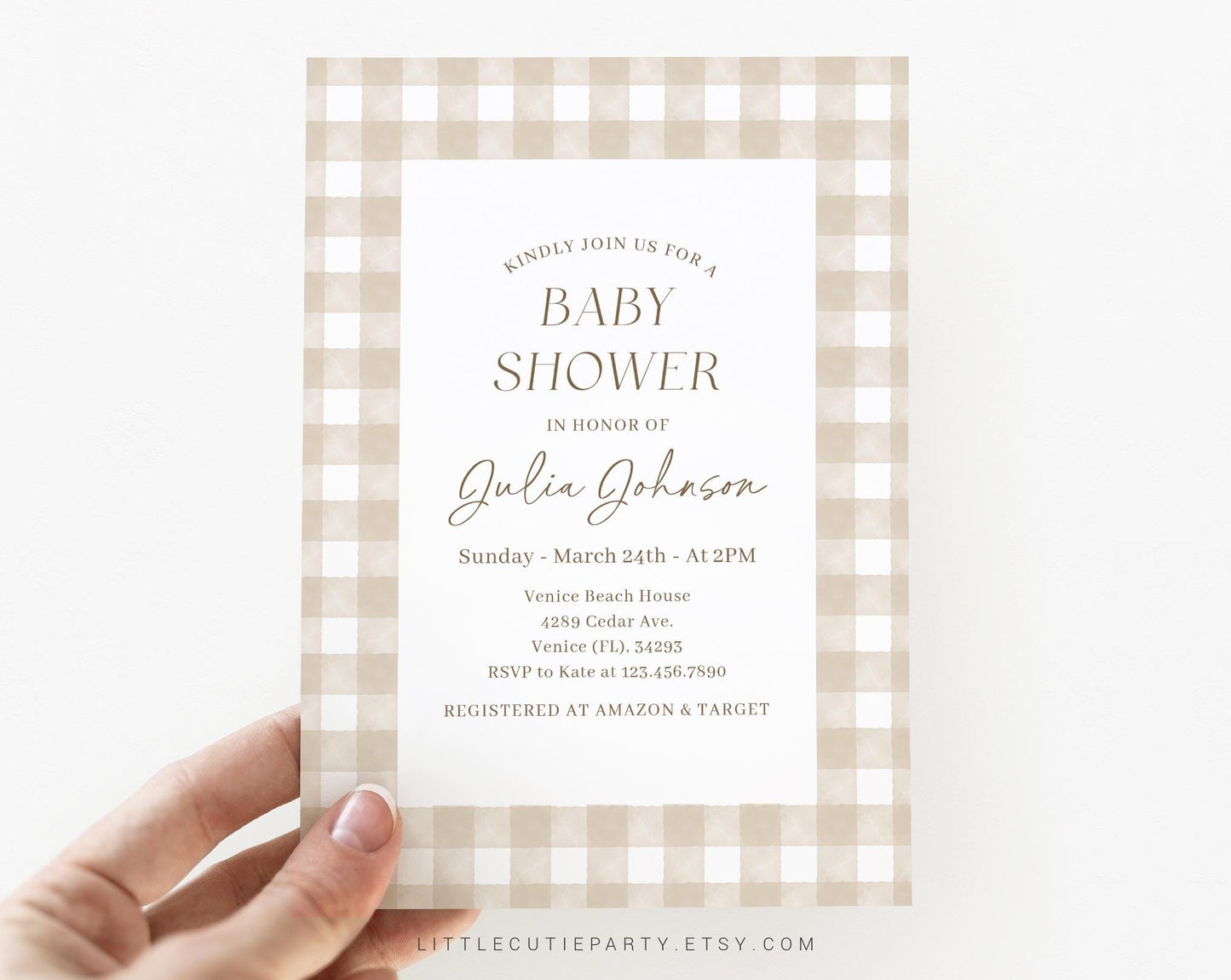 Editable Neutral Baby Shower Invitation, Beige Gingham Baby Shower Invitation, with Diaper Raffle, Books for Baby and Tag NGHBS001