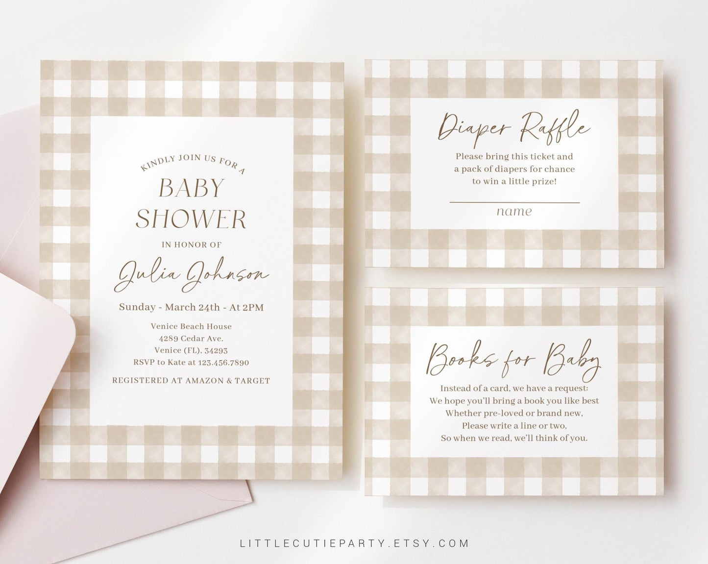 Editable Neutral Baby Shower Invitation, Beige Gingham Baby Shower Invitation, with Diaper Raffle, Books for Baby and Tag NGHBS001