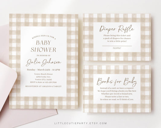 Editable Neutral Baby Shower Invitation, Beige Gingham Baby Shower Invitation, with Diaper Raffle, Books for Baby and Tag NGHBS001