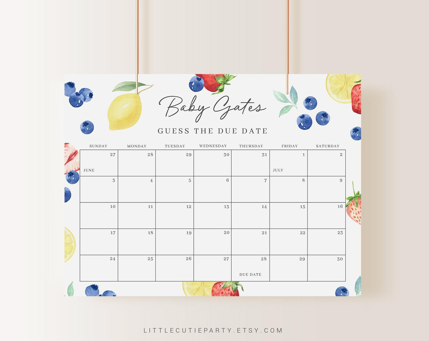 Editable Blueberry Lemon Strawberry Baby Shower Due Date, Blueberry and Lemon Baby Calendar Game, Due Date Calendar BLEMBS002