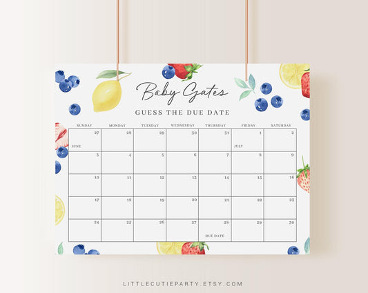 Editable Blueberry Lemon Strawberry Baby Shower Due Date, Blueberry and Lemon Baby Calendar Game, Due Date Calendar BLEMBS002