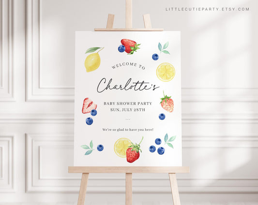 Editable Blueberry Lemon Strawberry Baby Shower Welcome, Berry Sweet Baby Shower Banner, Blueberry Lemon Baby Shower Sign BLEMBS002